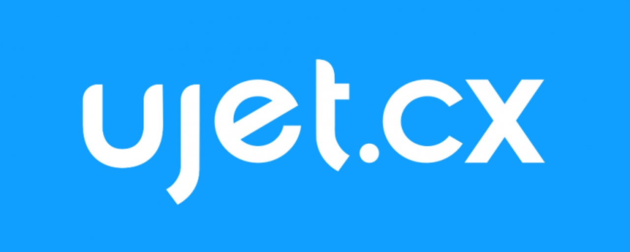 white UJET logo on blue background